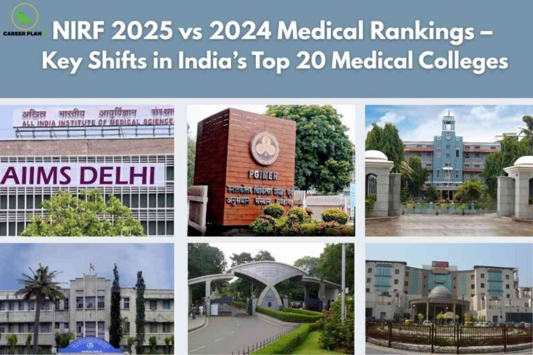 A comprehensive collage image for NIRF 2025 vs 2024 medical rankings, featuring a blue banner headline “NIRF 2025 vs 2024 Medical Rankings – Key Shifts in India’s Top 20 Medical Colleges” and six photos of prominent Indian medical institutions, including AIIMS Delhi, PGIMER, and other top-ranked colleges, visually representing the key ranking changes and notable shifts among the elite twenty medical schools in India.
