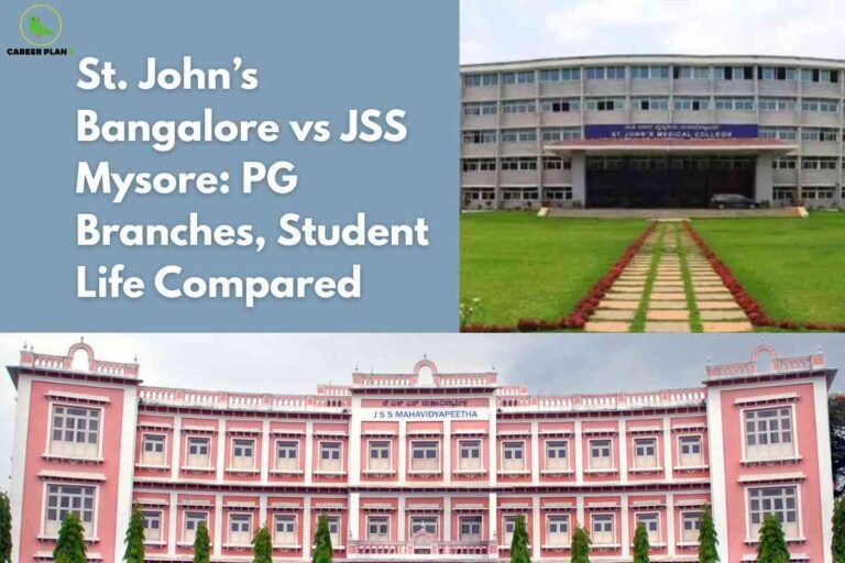 The image contrasts St. John’s Medical College Bangalore (top right), featuring a modern curved building with a wide green lawn, and JSS Medical College Mysore (bottom), showcasing a classic pink and white facade with hedges and trees. The left side, filled with a muted blue background, reads: "St. John’s Bangalore vs JSS Mysore: PG Branches, Student Life Compared." The Career Plan B logo is in the top left corner.