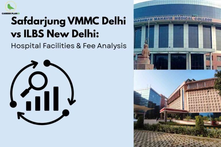 The image compares two top Delhi medical institutes. The left half has a light blue background with bold text: "Safdarjung VMMC Delhi vs ILBS New Delhi: Hospital Facilities & Fee Analysis." Below is a large black icon of a magnifying glass over a bar chart with circular arrows. The top right shows Vardhman Mahavir Medical College's curved, glass-fronted building, while the bottom right displays the angular, modern ILBS hospital building amid landscaping. The Career Plan B logo is in the top left corner.