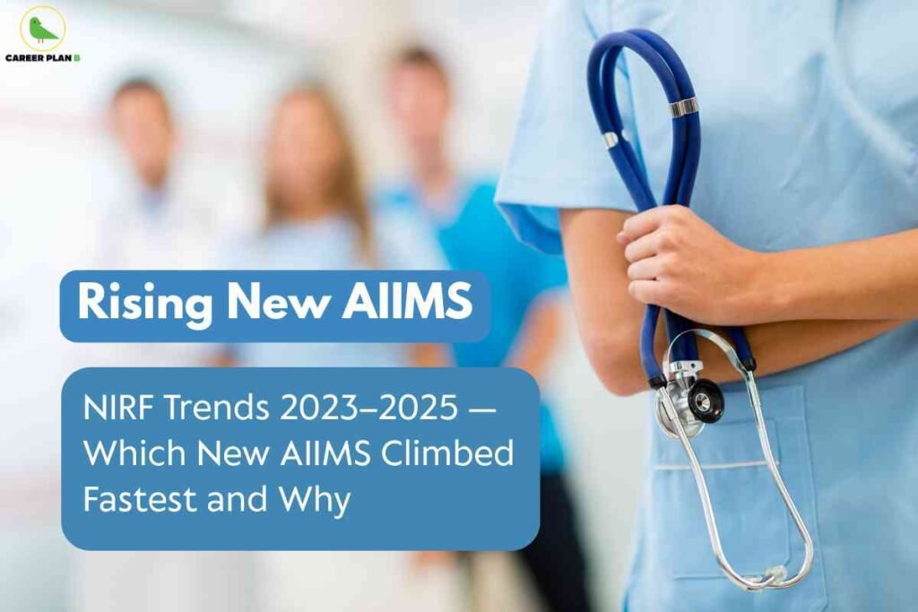 A focused medical education image for new AIIMS NIRF trends 2023–2025, featuring healthcare professionals in scrubs, with the foreground showing a doctor holding a stethoscope, and prominent blue information boxes reading “Rising New AIIMS” and “NIRF Trends 2023–2025 — Which New AIIMS Climbed Fastest and Why,” visually highlighting significant upward movement and key insights regarding the performance of new AIIMS institutions in NIRF rankings during this period.