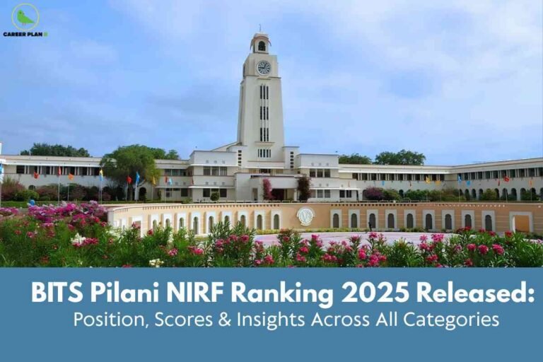 A wide-angle photograph of the iconic main building at BITS Pilani, featuring its tall central clock tower and expansive wings on both sides. The building showcases a cream façade with vertical windows, set against a bright, partly cloudy sky. Colorful flags line the entrance, and manicured gardens filled with blooming pink and white flowers dominate the foreground. The image also includes a blue banner at the bottom, displaying the text: "BITS Pilani NIRF Ranking 2025 Released: Position, Scores & Insights Across All Categories." In the upper left corner, the Career Plan B logo is visible, depicting a green bird inside a circle. The overall scene conveys a sense of academic excellence and campus beauty.