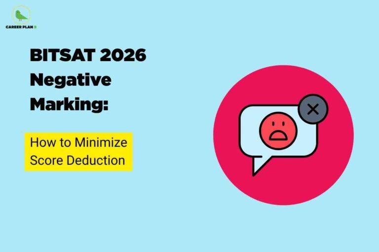 The image features a light blue background with the logo of "CAREER PLAN B" at the top left corner, which includes a small stylized bird illustration. The main text on the left side, in bold black letters, reads "BITSAT 2026 Negative Marking:" followed by a highlighted yellow box containing the words "How to Minimize Score Deduction." On the right side of the image, there is a large red circle containing a speech bubble icon. Inside the speech bubble is a red sad face emoji, and an "X" mark appears on the top right corner of the speech bubble, symbolizing a negative or rejected response.