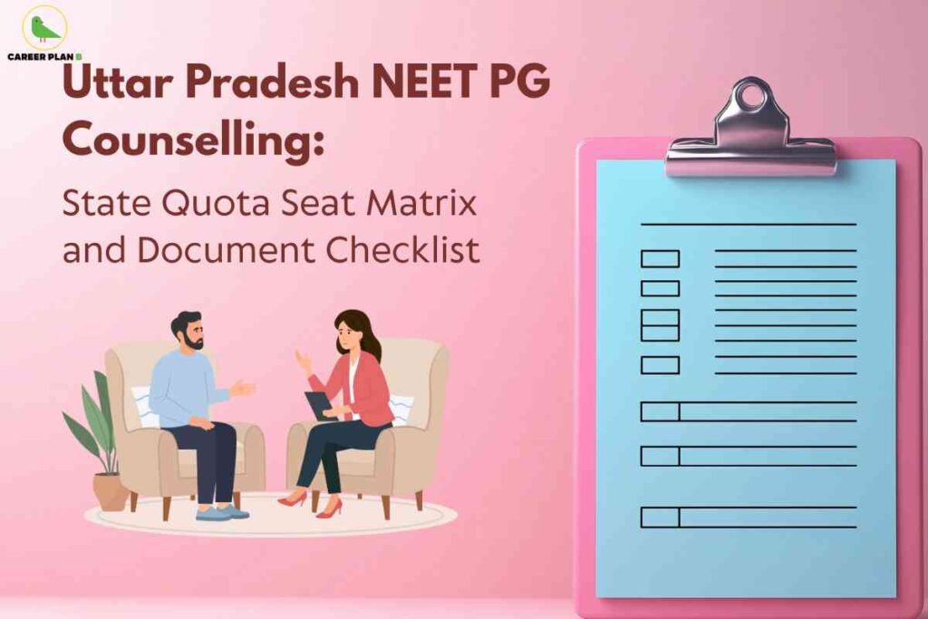 A pastel pink graphic for "Uttar Pradesh NEET PG Counselling." On the left, two illustrated people sit in beige chairs conversing with a plant in the background; one holds a document. On the right is a large pink clipboard with a blue checklist form. Bold text above reads: "Uttar Pradesh NEET PG Counselling: State Quota Seat Matrix and Document Checklist." The Career Plan B logo is in the top left corner.