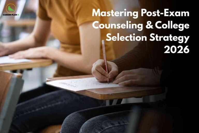 A focused classroom scene shows students from the neck down filling out multiple-choice answer sheets at wooden desks. One student writes with a pencil, others work quietly beside them. At the top left is the Career Plan B logo. Large white text on the right reads: "Mastering Post-Exam Counseling & College Selection Strategy 2026."
