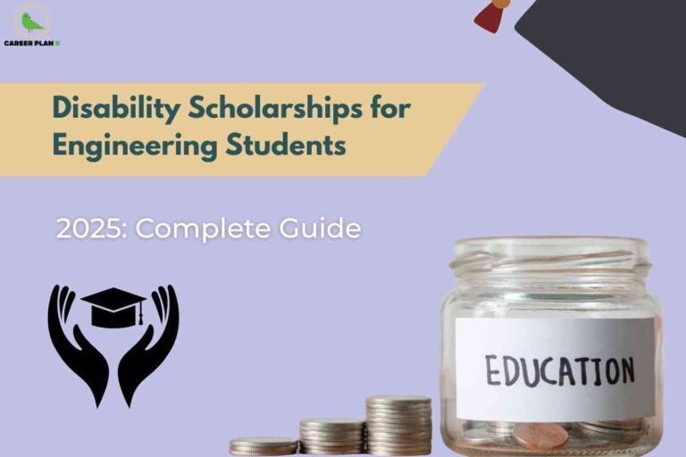 A scholarship-themed graphic features a light purple background. At the top left, the Career Plan logo is visible. Across the upper section, a tan banner displays bold green text: "Disability Scholarships for Engineering Students." Beneath the banner, white text reads: "2025: Complete Guide." On the lower left, a black icon of two hands holding a graduation cap represents support and education. On the lower right, a clear glass jar labeled "EDUCATION" is filled with coins next to additional stacked coins, symbolizing financial assistance for students. The top right corner shows part of a graduation cap, further emphasizing the theme of scholarships for higher education.