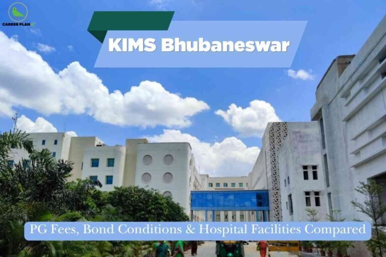 A detailed campus and information image for KIMS Bhubaneswar PG fees and hospital facilities, featuring the modern white buildings of Kalinga Institute of Medical Sciences under a bright blue sky, with green landscaping in the foreground and two blue banners reading “KIMS Bhubaneswar” and “PG Fees, Bond Conditions & Hospital Facilities Compared,” visually emphasizing comprehensive details about postgraduate fee structure, bond policies, and comparative hospital infrastructure at the institute.