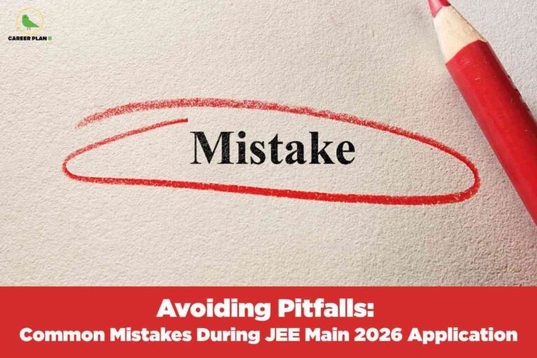 The detailed alt text for this image is: At the top left corner, there is a logo featuring a small green bird and the text "CAREER PLAN B". The main section of the image displays a beige textured paper with the word "Mistake" written in large, bold black letters. A red pencil at the top right has drawn a thick red oval around the word "Mistake," highlighting it as the focus. At the bottom of the image, a solid red banner spans the width, with bold whit