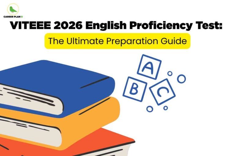 The image has a white background with the "CAREER PLAN B" logo, featuring a green bird, at the top left corner. Centered at the top is the bold black text: "VITEEE 2026 English Proficiency Test:" followed by a highlighted yellow box containing "The Ultimate Preparation Guide" in black text. Below this text, on the left side, there is a graphic illustration of three stacked closed books in blue, orange, and red colors. To the right of the books, there are floating blocks with the letters "A," "B," and "C," representing basic English alphabet blocks. The overall visual conveys a theme of exam preparation and study for the English proficiency test of VITEEE 2026.