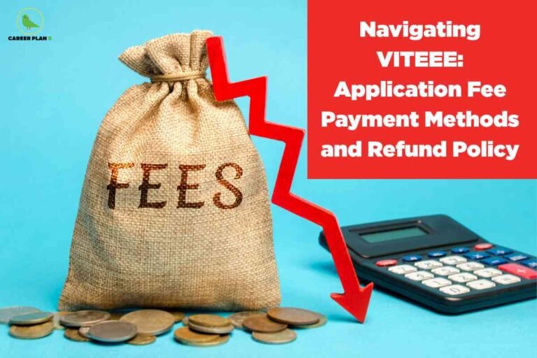 At the top left corner, the "CAREER PLAN B" logo appears, featuring a green bird and text. The main visual shows a burlap sack labeled "FEES" surrounded by coins on a flat surface, with a blue background. A red zigzag arrow points sharply downward from above the sack to the bottom right, symbolizing a reduction or outflow of fees. Beside the sack, on the right side, there is a black calculator positioned on the blue surface. On the top right portion of the image, a large red rectangle contains bold white text that reads: "Navigating VITEEE: Application Fee Payment Methods and Refund Policy." The image illustrates the concept of managing application fees, payment options, and refund information for VITEEE.