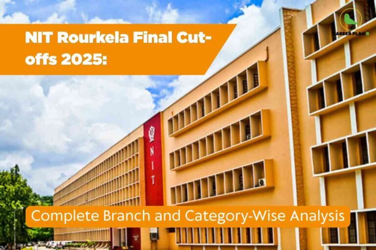 A wide-angle photograph of the main academic building of NIT Rourkela, a prominent engineering institute in India, is shown under a partly cloudy blue sky. The building is large, painted in a warm yellow tone with distinct white outlines around rectangular windows. The left side of the building prominently displays a vertical red banner with "NIT" in white letters and the institute emblem at the top. Tall green trees are partially visible on the left edge of the frame, and several white cars are parked along the roadside in front of the building. Overlaid on the image are bold orange banners with white and yellow text. The upper banner reads "NIT Rourkela Final Cut-offs 2025:" and the lower, horizontal banner at the bottom states "Complete Branch and Category-Wise Analysis." In the top-right corner, there is a green logo featuring a stylized bird with the text "AREER PLAN B" (partially visible). The overall mood is professional and informative, suggesting the image is part of a guide or article about admission cut-offs for NIT Rourkela in 2025, providing detailed branch and category analysis for prospective students.