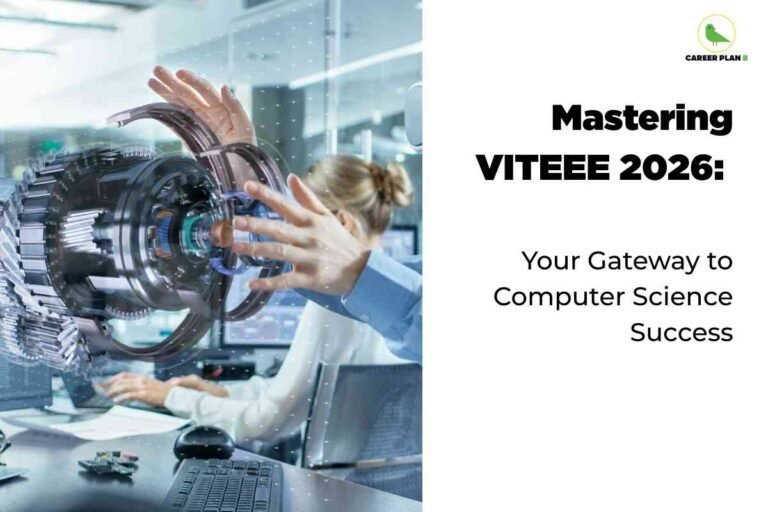 The image is divided into two sections. On the left, there is a high-tech office or lab setting, featuring a person interacting with a large, transparent digital interface displaying complex mechanical or computer-generated graphics, such as gears and an engine component, symbolizing engineering or computer science technology. Several computers and workstations are visible in the background, conveying a modern scientific environment. On the right side, the background is plain white with the "CAREER PLAN B" logo (a green bird graphic). Bold black text at the top reads "Mastering VITEEE 2026:" and is followed by "Your Gateway to Computer Science Success" in regular black font. The image overall represents advanced technology, preparation, and achievement in computer science through the VITEEE 2026 exam.