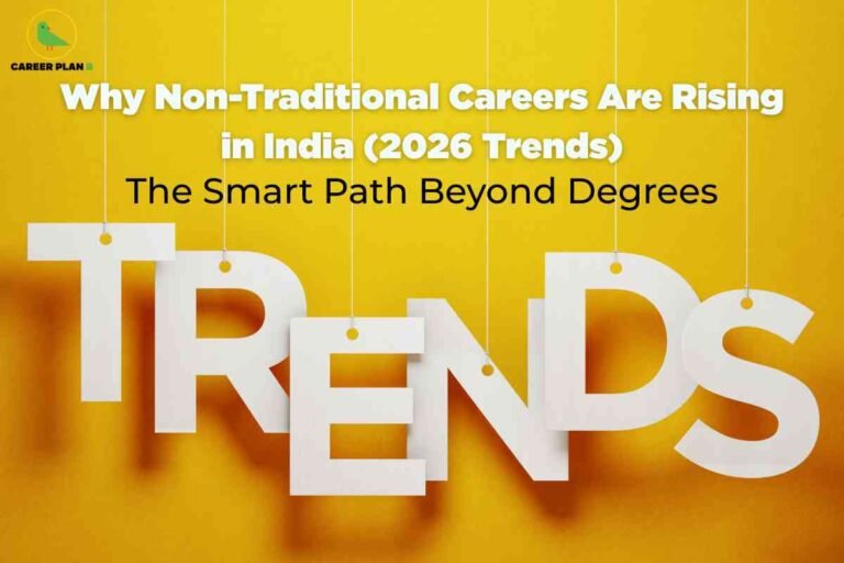 This image has a vibrant yellow background, creating an energetic and positive atmosphere. Hanging from the top are large, bold white letters spelling "TRENDS," each letter attached by a thin string as though they are part of a display or announcement. At the upper part of the image, text in bold white and black reads: "Why Non-Traditional Careers Are Rising in India (2026 Trends)" and "The Smart Path Beyond Degrees." The top left corner displays a green bird logo with the words "CAREER PLAN B." The overall visual conveys an uplifting message about the increasing popularity of non-traditional career paths in India for 2026, emphasizing smart alternatives to conventional degree-centered routes.