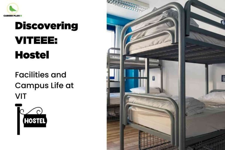 The image is split into two sections. On the left side, there is a white background with the "CAREER PLAN B" logo featuring a green bird at the top. Below the logo, bold black text reads: "Discovering VITEEE: Hostel." Underneath, in regular black font, it says "Facilities and Campus Life at VIT." There is also a black hostel icon with a hanging signboard labeled "HOSTEL." On the right side, the image shows a bright, clean hostel room with metal bunk beds equipped with white pillows and bedding. The room has blue accents, a window with curtains, and numbered bed slots, highlighting a tidy, modern student accommodation.