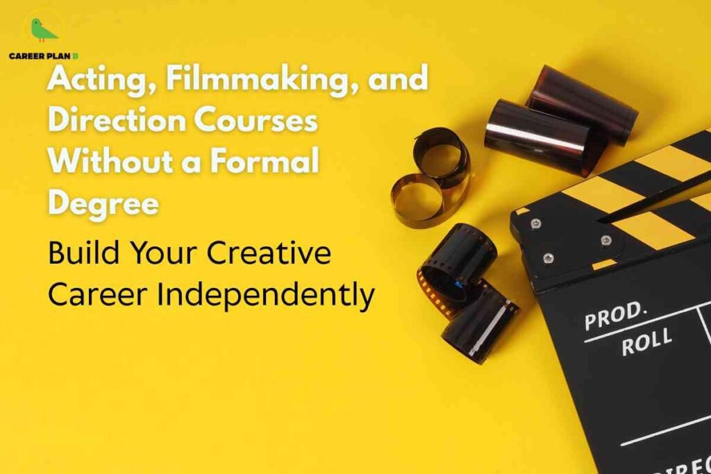 This image features a bright yellow background, evoking creativity and energy, with film-related objects placed on the right side. There are several coiled strips of photographic film and a classic director's clapperboard with diagonal yellow stripes and white text for "PROD.", "ROLL", and "DIRECTOR". The top left corner displays the "CAREER PLAN B" logo with a green bird. Large, bold white text on the upper left reads: "Acting, Filmmaking, and Direction Courses Without a Formal Degree." Just below, black text states: "Build Your Creative Career Independently." The composition visually emphasizes independent creative education and career building in film and media without requiring a formal degree.