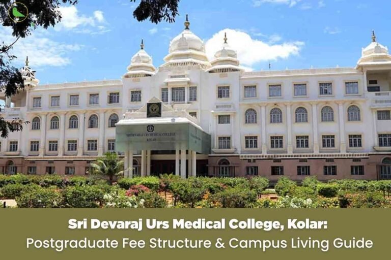A clear campus information image for Sri Devaraj Urs Medical College PG fees in Kolar, featuring the grand white traditional-style academic building under a blue sky, framed by green landscaping, with a gold banner that reads “Sri Devaraj Urs Medical College, Kolar: Postgraduate Fee Structure & Campus Living Guide,” visually emphasizing essential information on PG fee structure and the overall campus living environment at the institute.