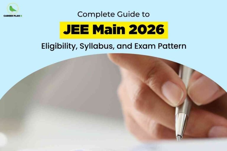 The image has a light blue background and contains informative text about the JEE Main 2026 exam. At the top left corner, there is a small logo with a green bird and the words "CAREER PLAN B." The main heading in the center reads "Complete Guide to JEE Main 2026" with "JEE Main 2026" written in bold black letters on a yellow highlight. Below the heading, the subheading states, "Eligibility, Syllabus, and Exam Pattern." The bottom half of the image features a close-up photo of a hand holding a pen, positioned as if ready to write, with the rest of the space having a soft gradient overlay.