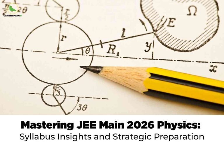 The image features a close-up of a sharp yellow pencil lying on an engineering or physics drawing with geometric circles, lines, angles, and mathematical symbols such as r r, θ θ, x x, y y, and Ω Ω. In the upper left corner is a small green bird logo labeled "CAREER PLAN B." At the bottom of the image is a white section with bold black heading text that reads "Mastering JEE Main 2026 Physics: Syllabus Insights and Strategic Preparation." The background evokes the theme of technical study and exam readiness, focusing on the subject of physics for the JEE Main 2026 exam.