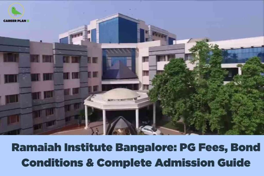 A broad daylight image shows the modern campus buildings of Ramaiah Institute Bangalore, featuring blue-tinted glass panels and pale cream facades arranged around a distinctive domed entrance portico. Tall leafy trees frame the structure, and a clear blue sky enhances the academic setting. The bottom blue banner displays the text: "Ramaiah Institute Bangalore: PG Fees, Bond Conditions & Complete Admission Guide," emphasizing detailed admission support for postgraduate medical aspirants. The Career Plan B logo is positioned at the top left, connecting the image to trusted educational resources.