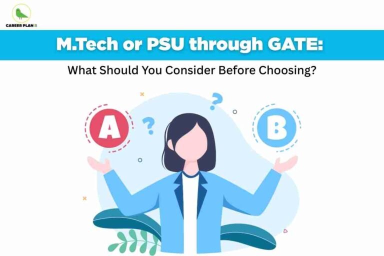 A professional cartoon illustration of a person in a blue jacket stands with arms raised, holding two choices marked "A" in red and "B" in blue. At the top, a bright blue bar features bold white text: "M.Tech or PSU through GATE:" with the subheading "What Should You Consider Before Choosing?" in black. The Career Plan B logo is in the corner, visually representing the dilemma between higher education (M.Tech) and public sector jobs (PSU) after GATE.