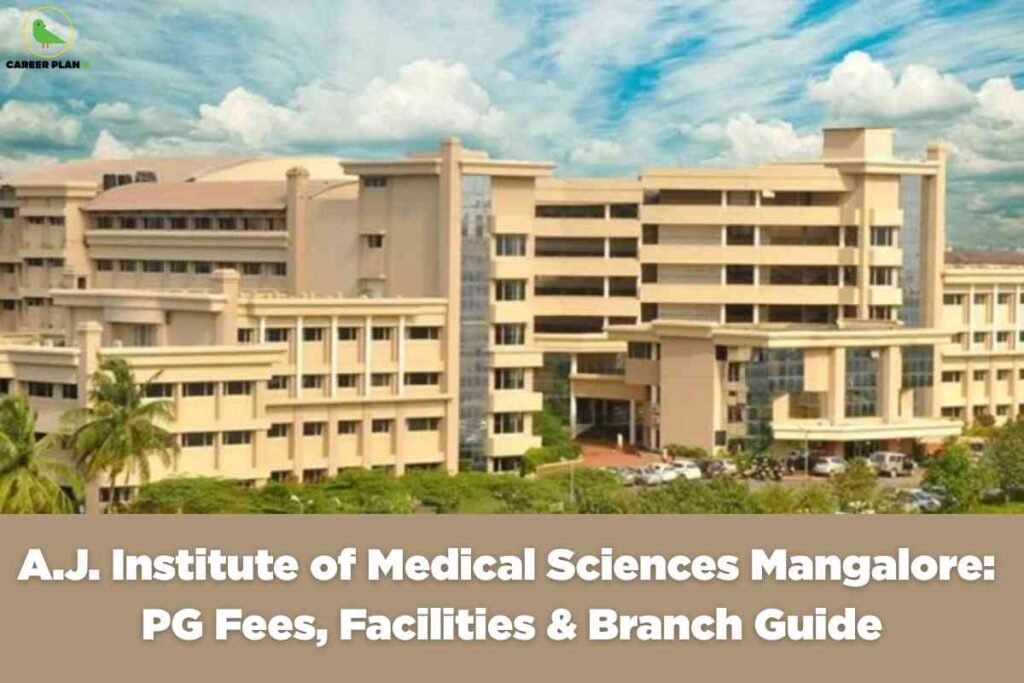 A clear campus and academic information image for A.J. Institute of Medical Sciences Mangalore PG fees, featuring the expansive beige academic complex under a blue sky, with a brown banner that reads “A.J. Institute of Medical Sciences Mangalore: PG Fees, Facilities & Branch Guide,” visually emphasizing essential details about postgraduate fee structure, available facilities, and specialized academic branches at the institute.