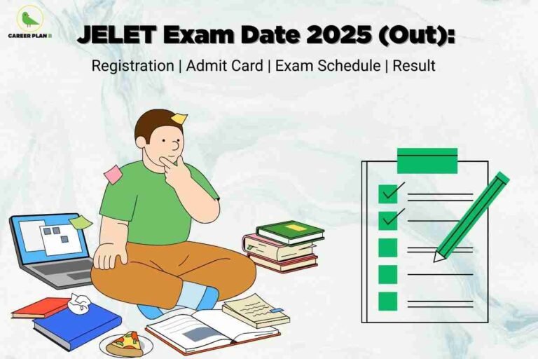 A student sits cross-legged on the floor, surrounded by books, a laptop, and notes, thoughtfully preparing for an exam. Beside the student is a large checklist with green boxes and check marks. At the top, bold text announces "JELET Exam Date 2025 (Out): Registration | Admit Card | Exam Schedule | Result." The scene represents organized exam preparation and information access. The Career Plan B logo appears in the top-left.