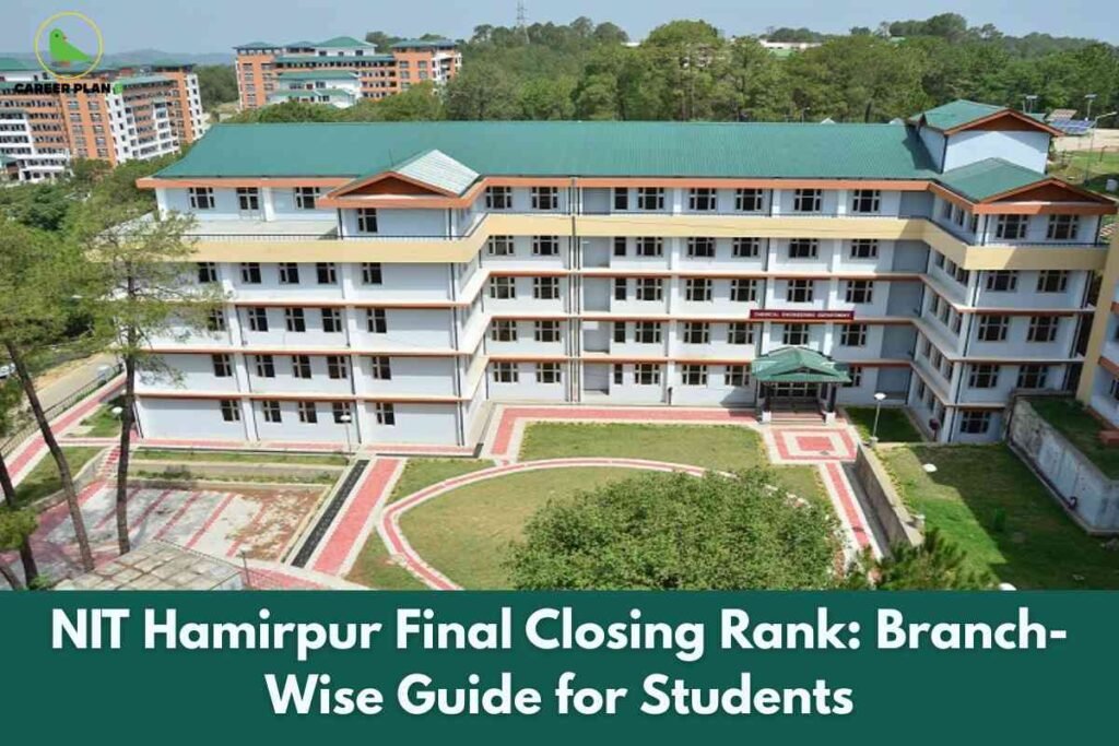 An aerial view displays the main academic block of NIT Hamirpur, characterized by its pale exterior, green rooftops, and neatly landscaped courtyard pathways. Additional campus buildings are visible in the background amid greenery, highlighting the campus setting. At the bottom, a deep green banner with white text reads "NIT Hamirpur Final Closing Rank: Branch-Wise Guide for Students," emphasizing detailed cutoff information for prospective engineering students. The Career Plan B logo is shown at the top left, linking the image to trusted educational resources.
