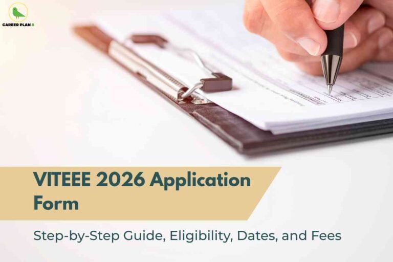 A close-up educational image for the VITEEE 2026 Application Form, showing a hand filling out a form on a clipboard, accompanied by a gold banner with the headline “VITEEE 2026 Application Form,” and subtext reading “Step-by-Step Guide, Eligibility, Dates, and Fees,” visually emphasizing important details about the application process, eligibility criteria, key dates, and fee information for the VITEEE 2026 exam.
