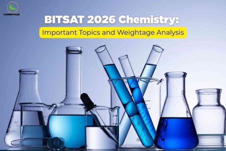 The image has a blue gradient background and features several laboratory glassware items, including beakers, flasks, and test tubes filled with liquids of varying blue shades. In the upper left corner is a small logo with a green bird and the words "CAREER PLAN B." The main heading at the top, in bold white text, reads "BITSAT 2026 Chemistry:" and beneath it, a yellow-highlighted box contains the text "Important Topics and Weightage Analysis." The arrangement emphasizes chemistry preparation and analysis for the BITSAT 2026 exam, visually linking the theme to scientific experimentation and chemical studies.