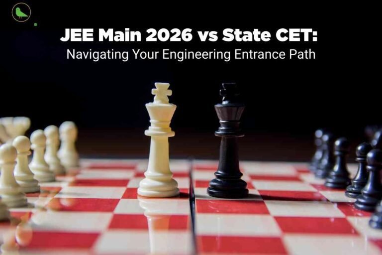 The image shows a chessboard with a white king and a black king placed side by side in the foreground, each leading their respective lines of chess pawns—white on the left, black on the right. The background is dark, putting focus on the chess pieces and their arrangement, symbolizing a strategic battle or choice. In the top left corner is a small green bird logo labeled "CAREER PLAN B." Upper center white text in bold reads "JEE Main 2026 vs State CET:" and just below it is smaller white text that says "Navigating Your Engineering Entrance Path." The overall visual metaphorically illustrates the comparison and decision-making process between national (JEE Main 2026) and state engineering entrance exams (State CET).