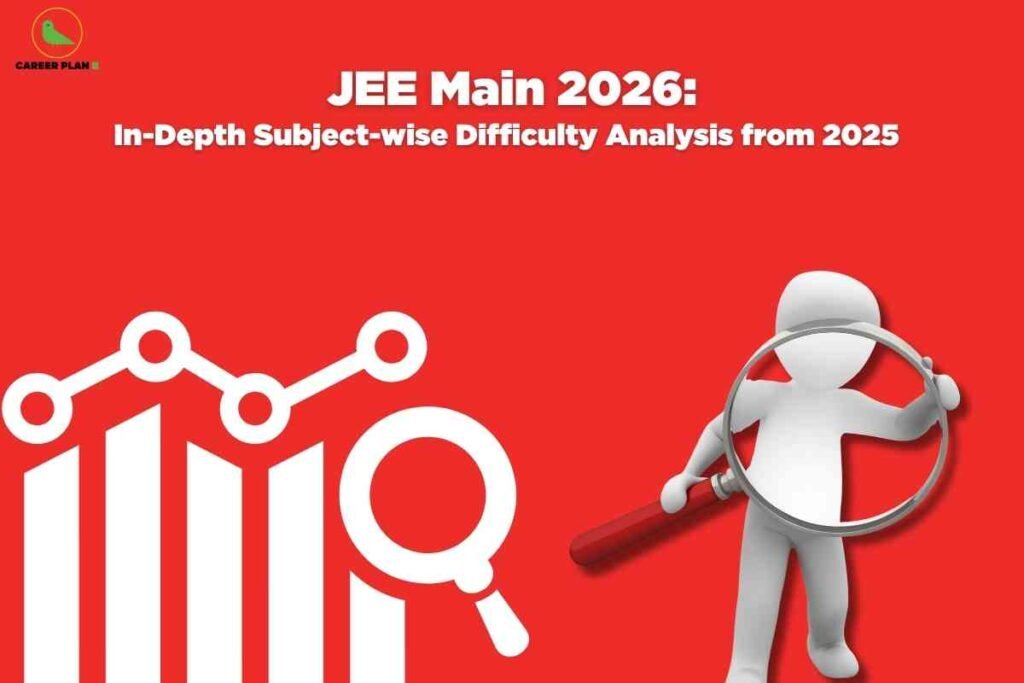 The image has a bold red background with a simple and direct layout. At the top left, there is a green bird logo labeled "CAREER PLAN B." Centered at the top, white bold text reads "JEE Main 2026:" followed by slightly smaller white text, "In-Depth Subject-wise Difficulty Analysis from 2025." The left side features a stylized white bar chart and line graph with circles marking data points, partially overlaid by a large magnifying glass illustration. On the right, a three-dimensional white human figure is holding the magnifying glass and looking through it, symbolizing analysis and scrutiny. The visual conveys a thorough analytical review of the JEE Main 2026 exam with a focus on difficulty across subjects.