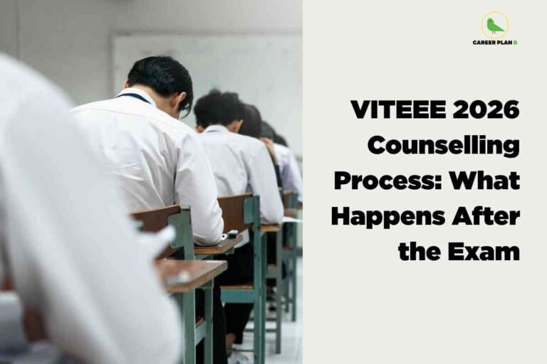 The image presents two sections. On the left, there is a photo of students seated in a classroom at exam desks, viewed from behind, with most wearing white shirts and focusing on their tests. The background shows a slightly blurred board, indicating a typical exam environment. On the right, a light beige background features the "CAREER PLAN B" logo with a green bird at the top. Below the logo, large bold black text reads: "VITEEE 2026 Counselling Process: What Happens After the Exam." The layout visually emphasizes the transition from taking the VITEEE 2026 exam to the subsequent counselling process.