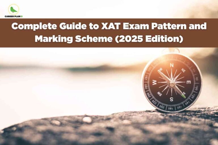 A scenic landscape with a compass resting on sandy ground in the foreground. The sky has warm, golden lighting with clouds creating depth. Bold white text at the top reads: "Complete Guide to XAT Exam Pattern and Marking Scheme (2025 Edition)." The Career Plan B logo appears in the top left corner. The compass symbolizes navigation and guidance for exam preparation.