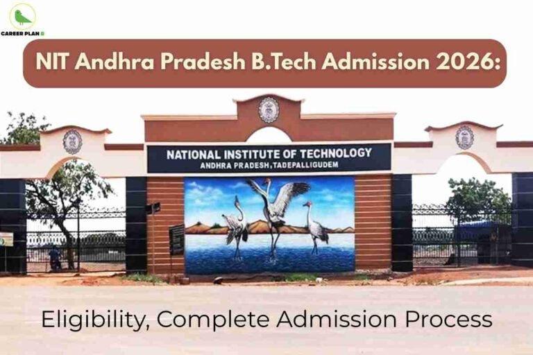 A clear entrance image for NIT Andhra Pradesh B.Tech Admission 2026, displaying the distinctive gateway of National Institute of Technology Andhra Pradesh in Tadepalligudem with bold campus signage, a colorful mural of cranes by a lake, tree-lined fencing, and warm brown architectural highlights, alongside text stating “Eligibility, Complete Admission Process,” naturally emphasizing the campus atmosphere and key steps for B.Tech admissions at NIT Andhra Pradesh in 2026.
