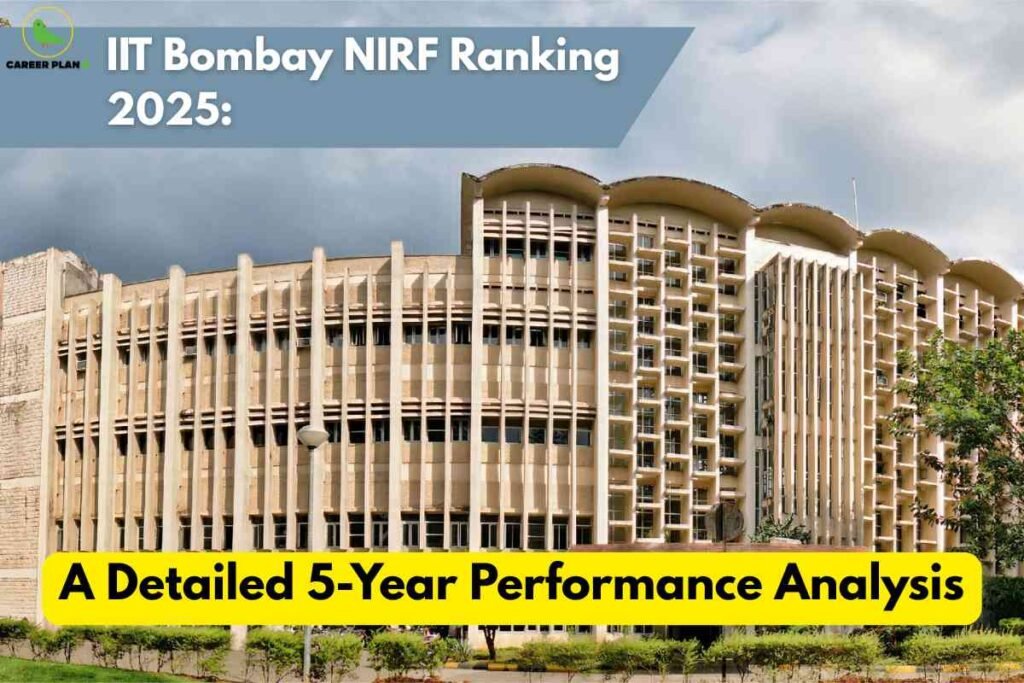 A panoramic daytime image of IIT Bombay’s main building showcases its unique curved facade and prominent vertical columns, bordered by green landscaping. The sky overhead is partly cloudy, providing a dynamic background. A blue banner at the top reads "IIT Bombay NIRF Ranking 2025:" while a large yellow header at the bottom highlights "A Detailed 5-Year Performance Analysis," emphasizing an in-depth review of the institute’s ranking trends. The Career Plan B logo is displayed at the top left, linking the image to insights about engineering excellence and national university rankings.