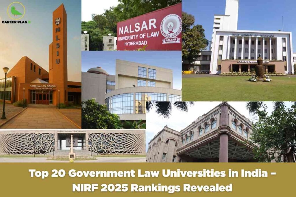 A comprehensive collage image for top government law universities in India, featuring prominent campus buildings such as NLSIU Bangalore, NALSAR Hyderabad, and several other major public law schools, with a gold banner at the bottom reading “Top 20 Government Law Universities in India – NIRF 2025 Rankings Revealed,” visually highlighting the prestige, diversity, and national ranking of India’s leading government-affiliated law institutions.