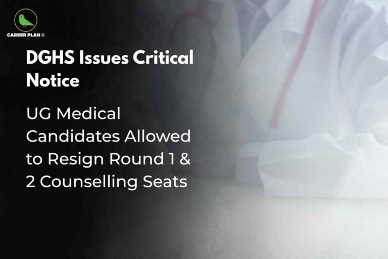 A gradient image with a left-to-right black-to-light fade shows the Career Plan B logo at the top left. Bold white text reads: "DGHS Issues Critical Notice." Beneath, regular white text says: "UG Medical Candidates Allowed to Resign Round 1 & 2 Counselling Seats." The background features a subtle silhouette of a person in a white doctor's coat.