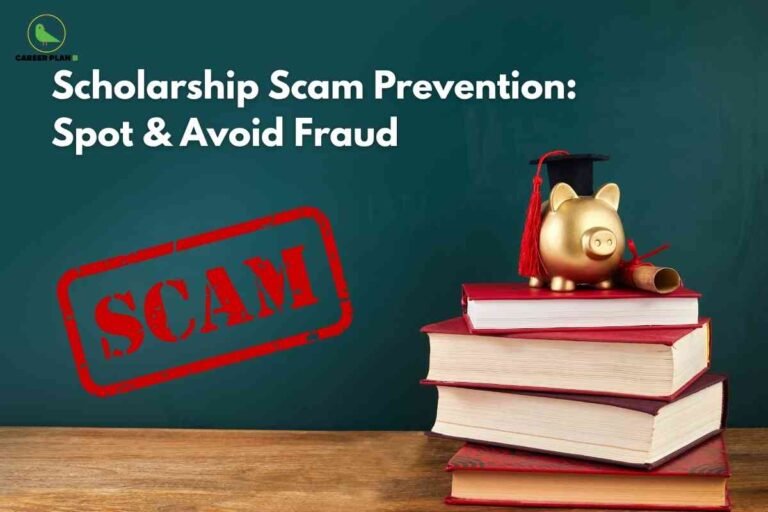 An image showing a golden piggy bank wearing a black graduation cap with red tassel sitting on top of stacked books against a teal background. A red "SCAM" stamp appears prominently on the left side. The Career Plan B logo is displayed in the upper left corner, with text overlay reading "Scholarship Scam Prevention: Spot & Avoid Fraud" on the teal portion of the image.