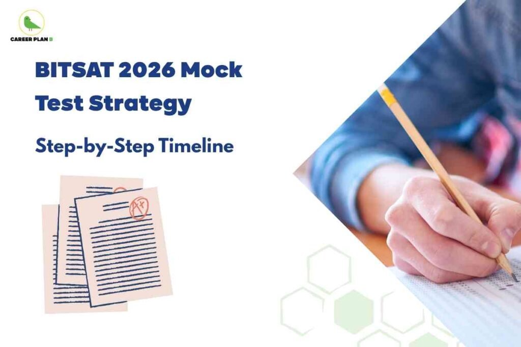 An image showing a hand holding a pencil over test materials, with graded papers visible in the background. The Career Plan B logo appears in the upper left corner, with blue text reading "BITSAT 2026 Mock Test Strategy" and "Step-by-Step Timeline" against a light background with geometric design elements.