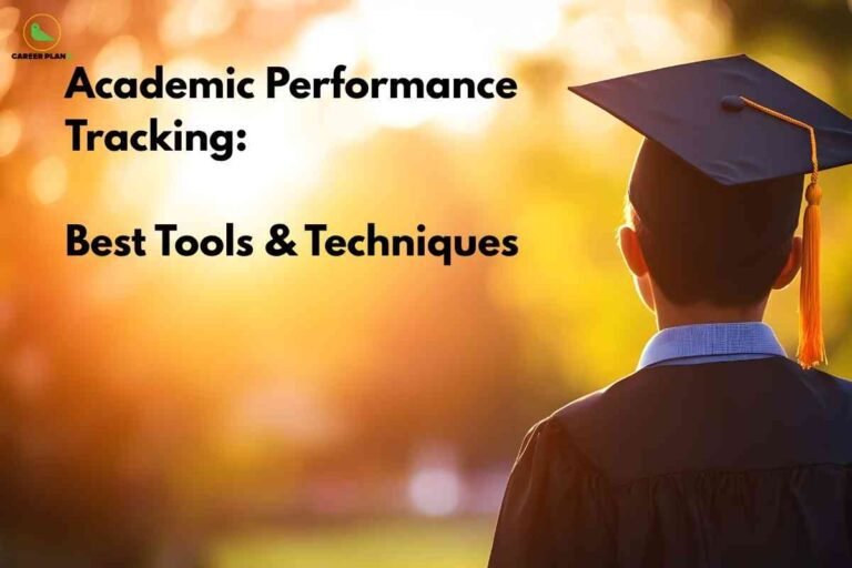 An image showing a graduate in cap and gown from behind, silhouetted against a warm golden sunset or sunrise sky with soft bokeh lighting effects. The Career Plan B logo appears in the upper left corner, with text overlay reading "Academic Performance Tracking:" and "Best Tools & Techniques" against the atmospheric background.