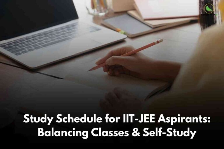 An image showing a study environment with a laptop computer, pencil in hand, and stacked books in the background. The Career Plan B logo appears in the upper right corner, with white text overlay reading "Study Schedule for IIT-JEE Aspirants: Balancing Classes & Self-Study" against the workspace setting.