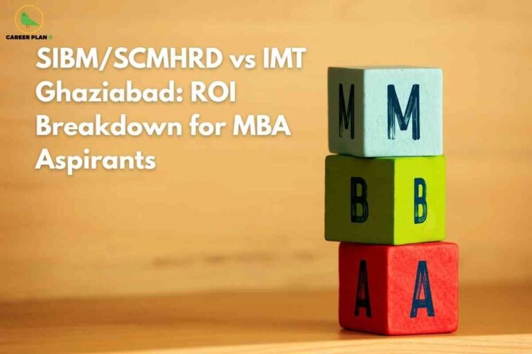 An image with a warm yellow-orange background featuring three colorful wooden blocks stacked vertically on the right side. The blocks are labeled with bold blue letters: the top block is light blue with the letter "M," the middle block is green with the letter "B," and the bottom block is red with the letter "A," spelling "MBA" from top to bottom. On the left side, large white text reads: "SIBM/SCMHRD vs IMT Ghaziabad: ROI Breakdown for MBA Aspirants." The Career Plan B logo with a green bird appears at the top left corner. The image visually suggests a comparative analysis of return on investment (ROI) for different MBA colleges, with an inviting and academic tone.
