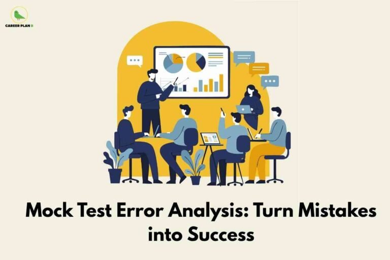 An image showing a business presentation scene with a presenter pointing at charts and graphs displayed on a screen, surrounded by team members seated at a table with laptops and discussion bubbles. The Career Plan B logo appears in the upper left corner, with text at the bottom reading "Mock Test Error Analysis: Turn Mistakes into Success" against a beige background.