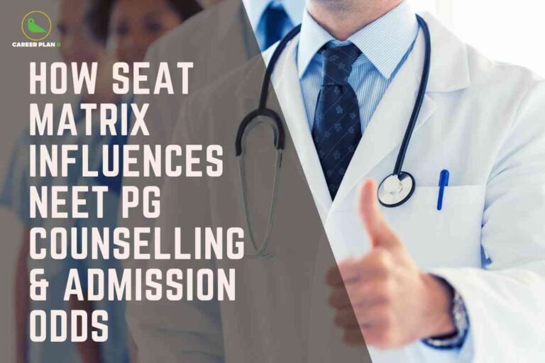 A professional banner split into two distinct sections. On the left, a semi-transparent overlay in taupe covers part of a group of doctors, with bold white block text reading: "HOW SEAT MATRIX INFLUENCES NEET PG COUNSELLING & ADMISSION ODDS." In the background, several people in white medical coats can be seen, though they are blurred out. On the right side, there is a clear, cropped image of a doctor in a white coat, blue shirt, and dark patterned tie, wearing a stethoscope around the neck and a pen in the pocket. The doctor is giving a thumbs-up gesture, with the right hand prominently visible in the foreground. The top left corner has the "Career Plan B" logo featuring a green bird and company name. The overall design emphasizes positivity and informative content about the seat matrix's impact on NEET PG counselling and admissions.