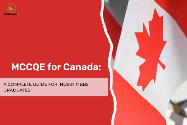 A vibrant educational banner split vertically into red and white sections. The left half features a solid red background with the "Career Plan B" logo, which consists of a green bird icon and company text in the top left corner. Bold white text in the center reads: "MCCQE for Canada:", followed underneath by smaller black text on a light pink box that says, "A COMPLETE GUIDE FOR INDIAN MBBS GRADUATES." The right half of the image displays a close-up photograph of the Canadian national flag, with a prominent red maple leaf on a white field, emphasizing the Canadian theme and context. The overall design visually communicates guidance for Indian MBBS graduates about the MCCQE exam in Canada.