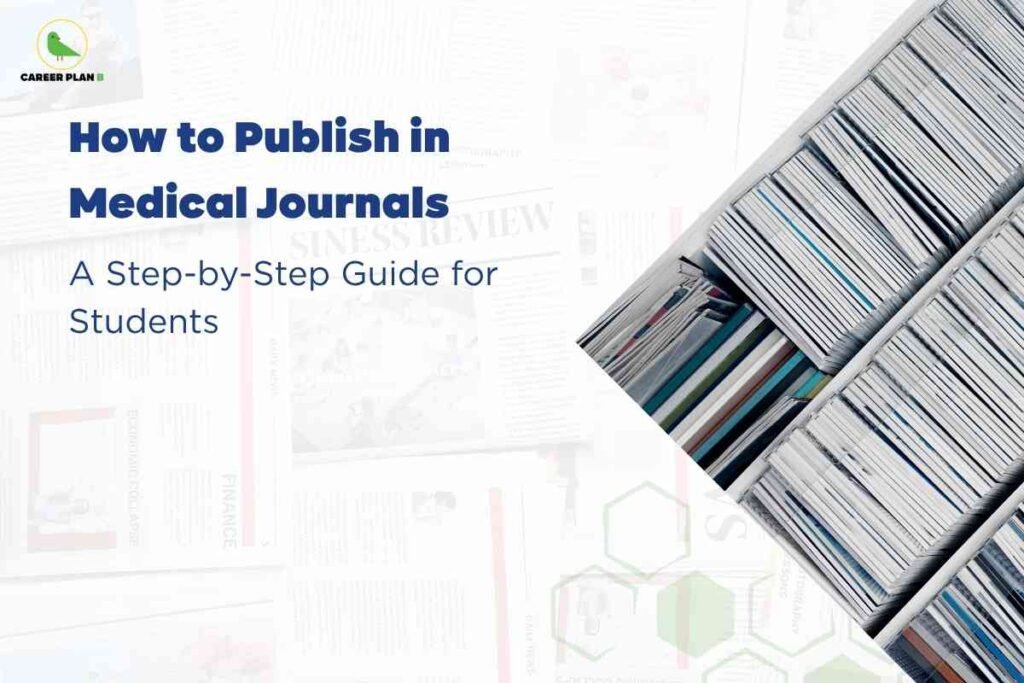 An educational banner for students on publishing in medical journals. The left half has a white background with subtle, blurred outlines of various academic journals and documents. In the top left corner is the "Career Plan B" logo with a green bird icon and text. The headline, "How to Publish in Medical Journals", is written in bold blue text, followed by smaller blue text that says, "A Step-by-Step Guide for Students". On the right side, there is a top-down photograph showing tightly stacked rows of medical journals and magazines, emphasizing the academic and publishing theme. The overall visual conveys organized information and guidance for students aspiring to publish in medical journals.