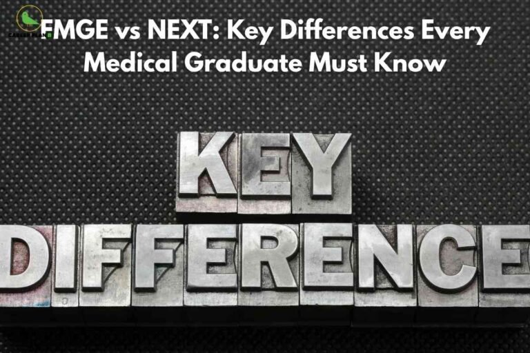 An educational banner targeting medical graduates. The background is a dark, textured surface resembling black rubber with small dimples. At the top, the "Career Plan B" logo, which features a green bird and text, appears in the top left corner. Bold white text at the top center reads: "FMGE vs NEXT: Key Differences Every Medical Graduate Must Know". In the lower half, large metallic block letters arranged in two rows spell out "KEY DIFFERENCE," conveying the concept of comparison. The overall composition and style emphasize the main content about understanding differences between the FMGE and NEXT medical exams.