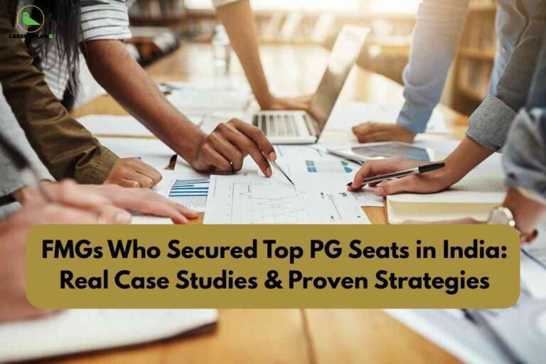 A banner image featuring a collaborative academic setting. The top left corner displays the "Career Plan B" logo with a green bird and text. The visual shows several students or professionals sitting at a wooden table in a well-lit room, actively discussing and analyzing printed graphs and charts. Hands with pens are pointed toward data sheets, signaling teamwork and strategy. In the center bottom, a wide gold-colored banner bears bold black text: "FMGs Who Secured Top PG Seats in India: Real Case Studies & Proven Strategies." Laptop computers and reference materials are visible in the background, emphasizing the research and planning aspect. The overall theme is educational success and strategic guidance for Foreign Medical Graduates securing postgraduate seats in India.