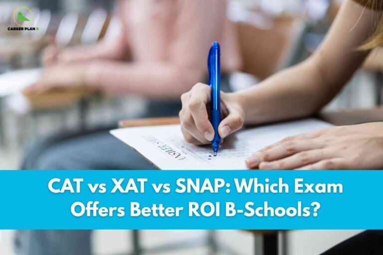 This image depicts an academic test-taking environment relevant to MBA entrance examinations. The foreground focuses on a student's hands filling an answer sheet with a blue pen, suggesting the process of writing a multiple-choice test. The answer sheet is partially visible and placed on a wooden desk, with the student's arm and pen clearly highlighted, emphasizing the act of examination. The background consists of blurred students, desks, and chairs, providing context for a classroom or exam hall setting. In the top left corner, the Career Plan B logo appears, indicating the branding of the educational consulting company associated with this content. Across the bottom part of the image, there is a bold strip of blue with white text that reads: "CAT vs XAT vs SNAP: Which Exam Offers Better ROI B-Schools?", signifying the comparative informational theme of the visual, specifically about the return on investment offered by business schools accepting CAT, XAT, and SNAP entrance scores.