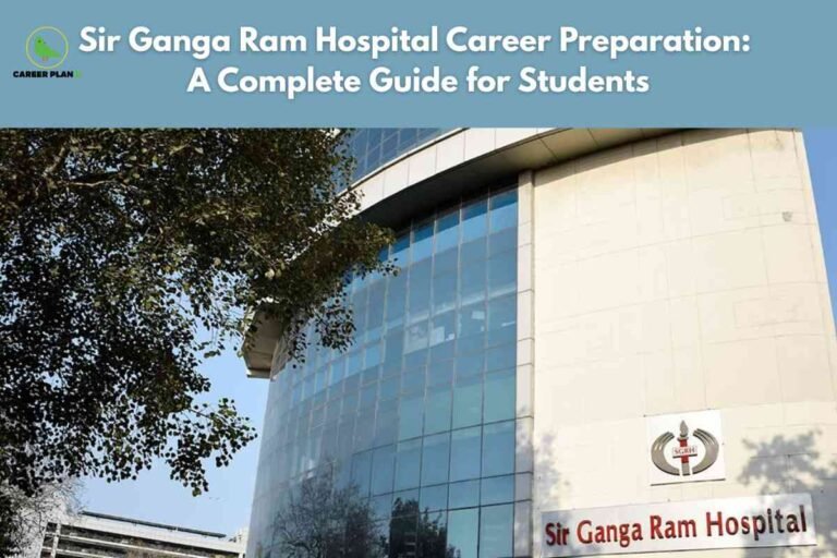 Sir Ganga Ram Hospital career preparation infographic from Career Plan B showing "Sir Ganga Ram Hospital Career Preparation: A Complete Guide for Students" with hospital building exterior featuring glass facade and institutional signage, representing comprehensive career development opportunities including medical fellowships, nursing programs, DNB training, research initiatives, and specialized courses in pain management, critical care, and pediatric subspecialties at this leading Delhi healthcare institution.