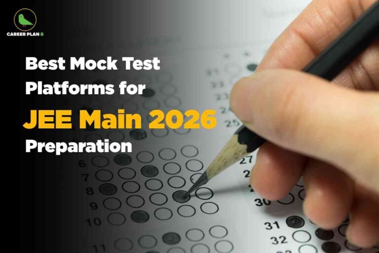 The left side of the image features a black faded background with a green circular logo of a bird and the words "Career Plan B" in the top left corner. Beside the logo, bold white text reads: "Best Mock Test Platforms for," followed by "JEE Main 2026" in large yellow font, and "Preparation" in white below. On the right, a close-up photograph shows a hand using a pencil to fill circles on a multiple-choice answer sheet, indicating an exam setting. The image visually represents online test preparation platforms for the JEE Main 2026 exam, emphasizing the importance of mock tests for accurate exam practice.